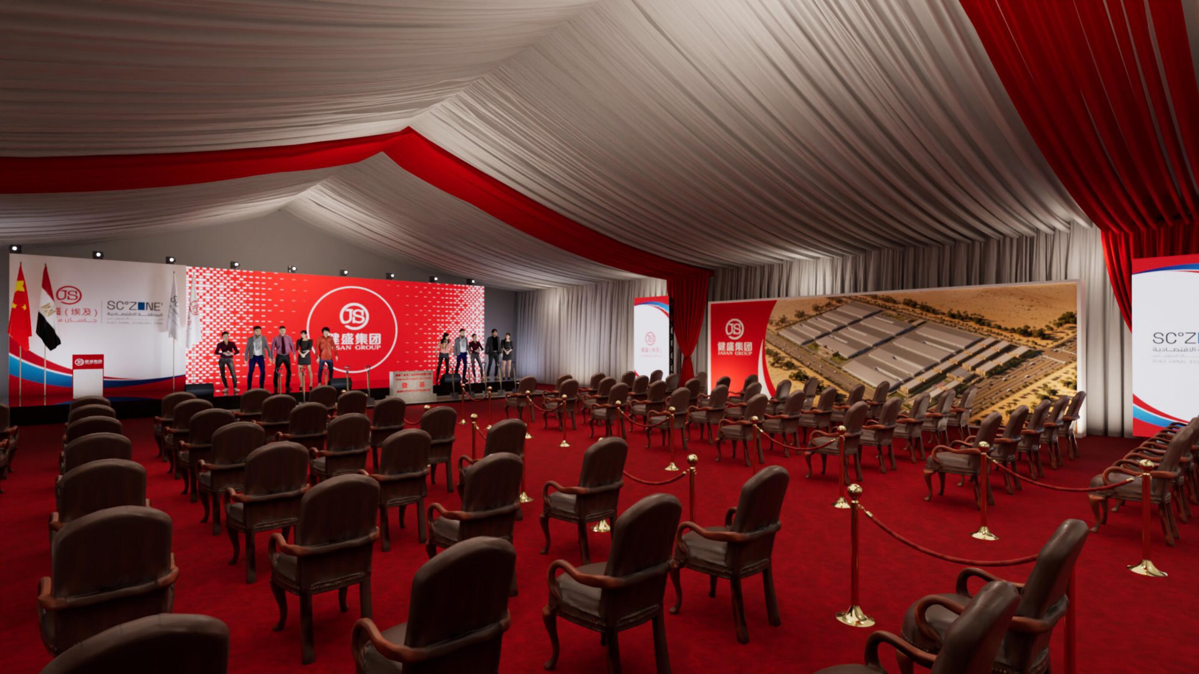 Covered tent interior — angled view of stage and backdrops