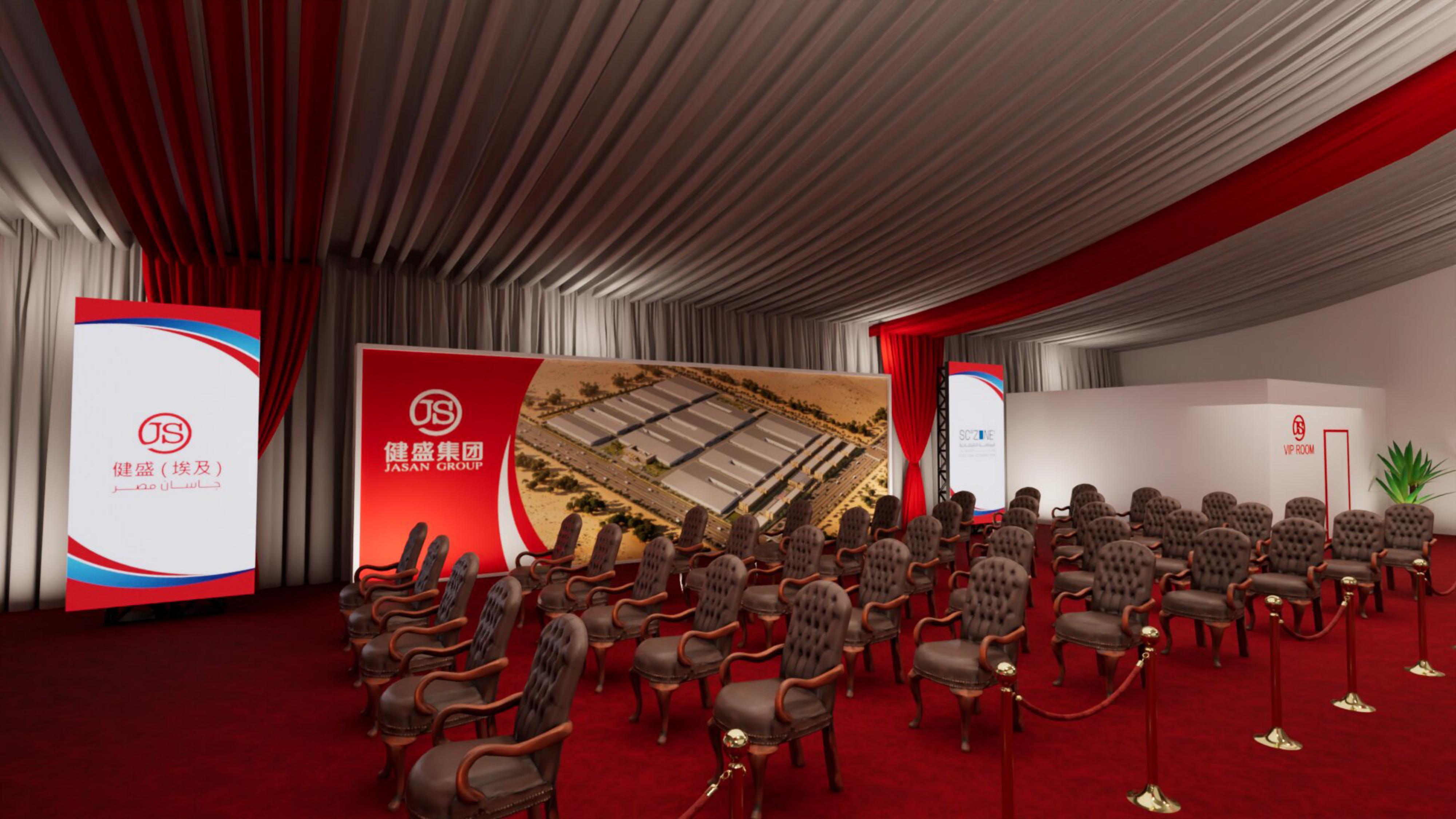 Covered tent interior — branded stage and side LED walls