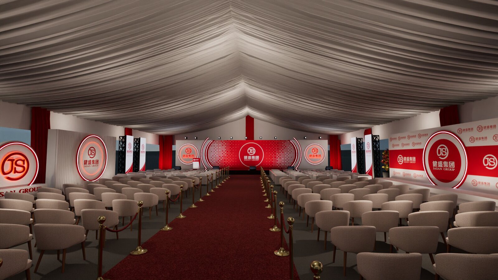 Open tent interior — branded side walls and LED stage