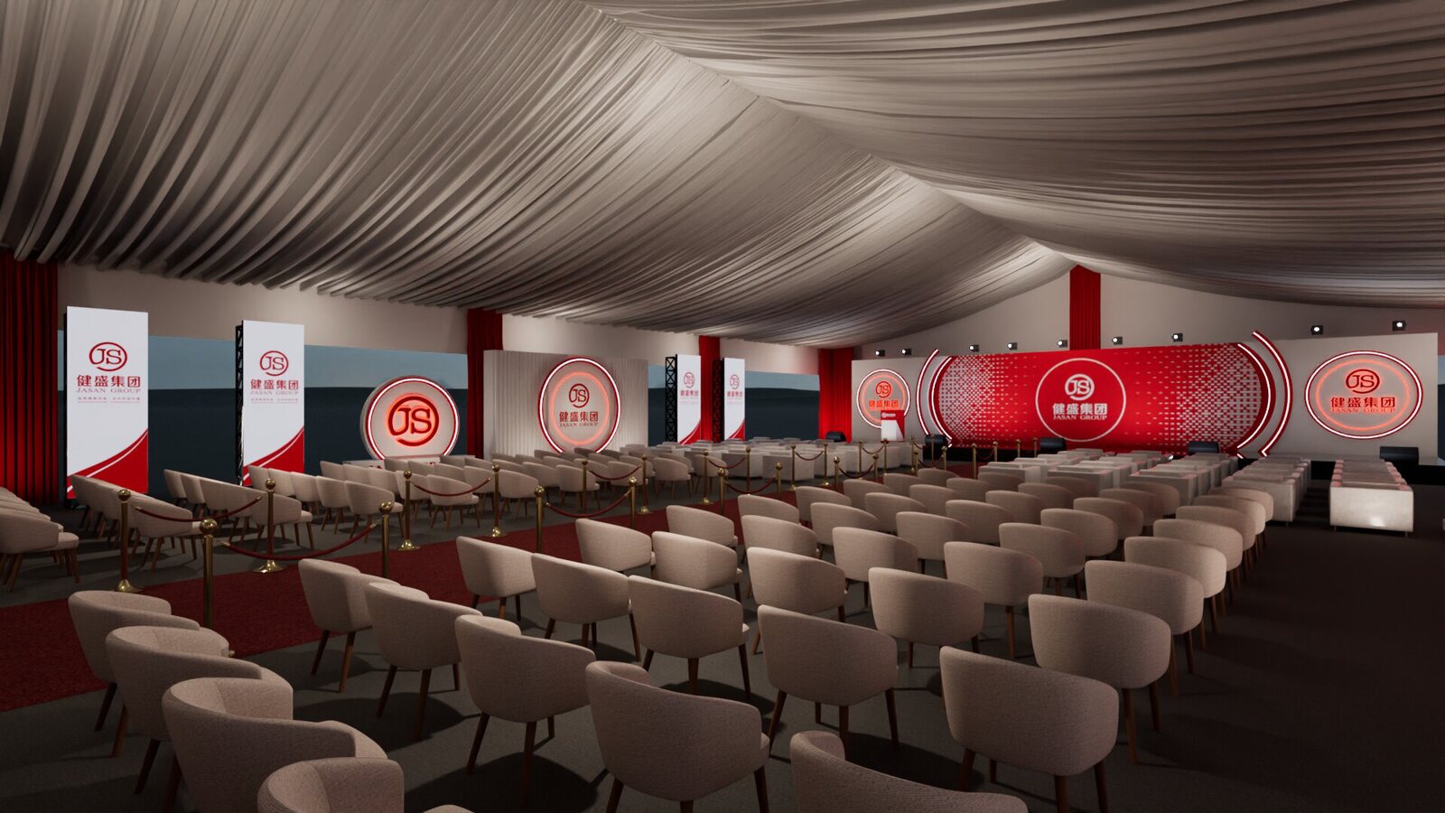 Open tent interior — angled view of stage and seating