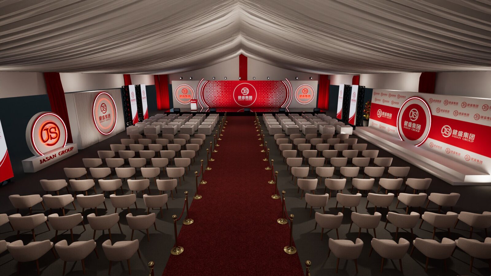 Open tent interior — central aisle facing the JS LED stage