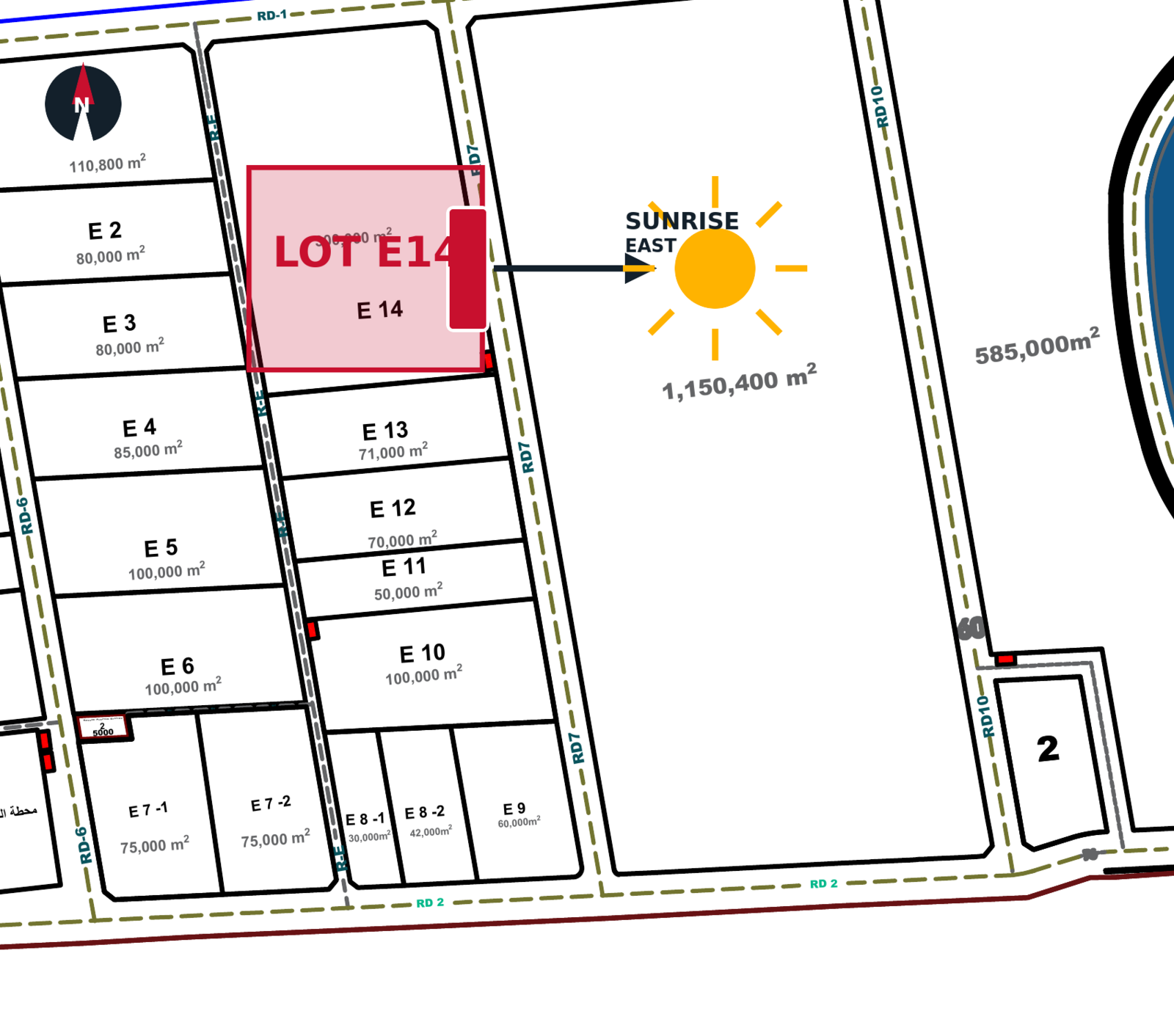Venue placement on Lot E14 — eastern side facing sunrise